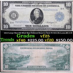 1914 Large Size $10 Blue Seal Federal Reserve Note Fr-934 (St.Louis,MI) 8-H Grades vf+