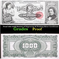 Proof Proof 1891 $1000 Bureau of Engraving & Printing Silver Certifictate Grades Proof