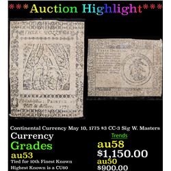 ***Auction Highlight*** Continental Currency May 10, 1775 $3 CC-3 Sig W. Masters Grades Select AU (f