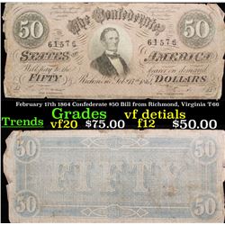 February 17th 1864 Confederate $50 Bill from Richmond, Virginia T-66 Grades Vf Details