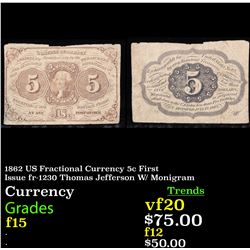 1862 US Fractional Currency 5c First Issue fr-1230 Thomas Jefferson W/ Monigram Grades f+