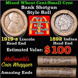 Mixed small cents 1c orig shotgun roll, 1919-s Wheat Cent, 1892 Indian Cent other end, McDonalds Wra