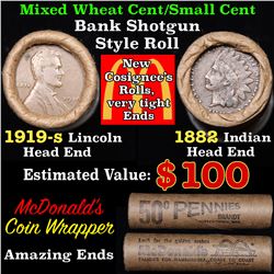 Mixed small cents 1c orig shotgun roll, 1919-s Wheat Cent, 1882 Indian Cent other end, McDonalds Wra