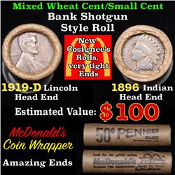 Mixed small cents 1c orig shotgun roll, 1919-d Wheat Cent, 1896 Indian Cent other end, McDonalds Wra