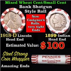 Mixed small cents 1c orig shotgun roll, 1918-d Wheat Cent, 1899 Indian Cent other end, Seal Strong W