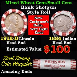 Mixed small cents 1c orig shotgun roll, 1912-dWheat Cent, 1884 Indian Cent other end, Seal Strong Gr