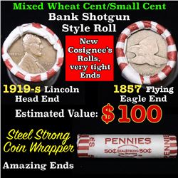 Mixed small cents 1c orig shotgun roll, 1919-s Wheat Cent, 1857 Flying eagle Cent other end, Seal st