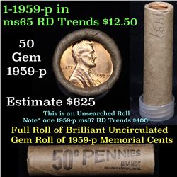 Uncirculated Shotgun Lincoln 1c roll, 1959-p 50 pcs Brinks Wrapper Grades