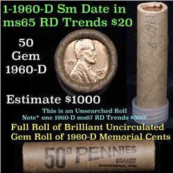 Uncirculated Shotgun Lincoln 1c roll, 1960-d small date 50 pcs Brinks Wrapper  Grades