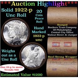 ***Auction Highlight*** 1922-p Uncirculated Peace Dollar Shotgun Roll (fc)