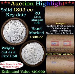 ***Auction Highlight*** Full solid Key date 1893-cc Morgan silver dollar roll, 20 coin (fc)