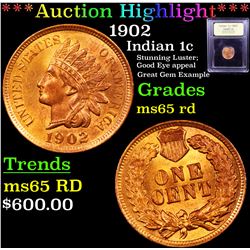 ***Auction Highlight*** 1902 Indian Cent 1c Graded GEM Unc RD By USCG (fc)