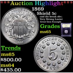 ***Auction Highlight*** 1869 Shield Nickel 5c Graded GEM Unc By USCG (fc)