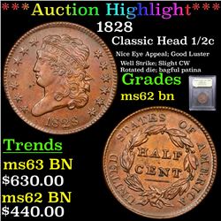 ***Auction Highlight*** 1828 Classic Head half cent 1/2c Graded Select Unc BN By USCG (fc)