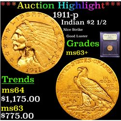 ***Auction Highlight*** 1911-p Gold Indian Quarter Eagle $2 1/2 Graded Select+ Unc By USCG (fc)