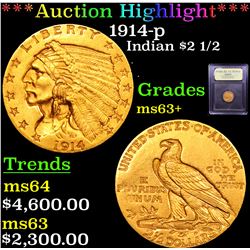 ***Auction Highlight*** 1914-p Gold Indian Quarter Eagle $2 1/2 Graded Select+ Unc By USCG (fc)