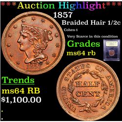 ***Auction Highlight*** 1857 Braided Hair Half Cent 1/2c Graded Choice Unc RB By USCG (fc)