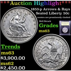***Auction Highlight*** 1853-p Arrows & Rays Seated Half Dollar 50c Graded Select Unc By USCG (fc)