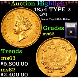 ***Auction Highlight*** 1854 TYPE 2 Gold Dollar $1 Graded Select Unc By USCG (fc)