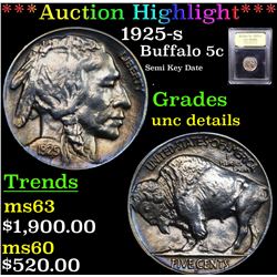 ***Auction Highlight*** 1925-s Buffalo Nickel 5c Graded Unc Details By USCG (fc)