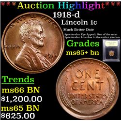 ***Auction Highlight*** 1918-d Lincoln Cent 1c Graded GEM+ Unc BN By USCG (fc)
