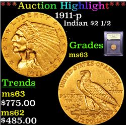 ***Auction Highlight*** 1911-p Gold Indian Quarter Eagle $2 1/2 Graded Select Unc By USCG (fc)