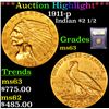 Image 1 : ***Auction Highlight*** 1911-p Gold Indian Quarter Eagle $2 1/2 Graded Select Unc By USCG (fc)