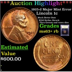***Auction Highlight*** 1925-d Major Mint Error Lincoln Cent 1c Graded Select+ Unc RB By USCG (fc)
