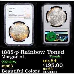 NGC 1888-p Rainbow Toned Morgan Dollar $1 Graded ms63 By NGC