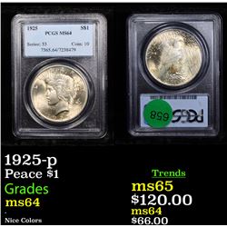 PCGS 1925-p Peace Dollar $1 Graded ms64 By PCGS