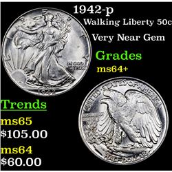 1942-p Walking Liberty Half Dollar 50c Grades Choice+ Unc