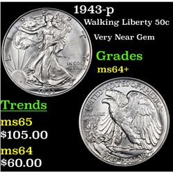 1943-p Walking Liberty Half Dollar 50c Grades Choice+ Unc