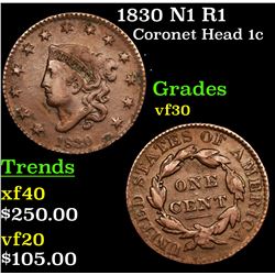 1830 N1 R1 Coronet Head Large Cent 1c Grades vf++