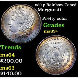1889-p Rainbow Toned Morgan Dollar $1 Grades Select+ Unc