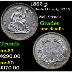 1862-p Seated Liberty Half Dime 1/2 10c Grades Unc Details