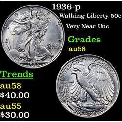 1936-p Walking Liberty Half Dollar 50c Grades Choice AU/BU Slider