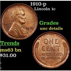 1910-p Lincoln Cent 1c Grades Unc Details