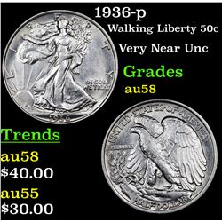 1936-p Walking Liberty Half Dollar 50c Grades Choice AU/BU Slider