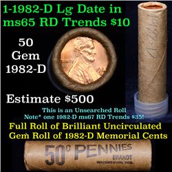 Uncirculated Shotgun Lincoln 1c roll, 1982-d Lg date, 50 pcs Brandt Wrapper
