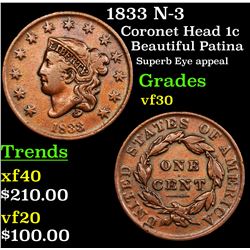 1833 N-3 Coronet Head Large Cent 1c Grades vf++