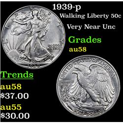 1939-p Walking Liberty Half Dollar 50c Grades Choice AU/BU Slider