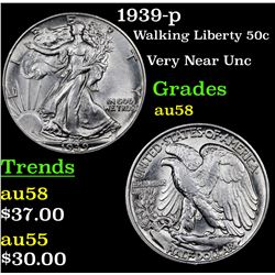 1939-p Walking Liberty Half Dollar 50c Grades Choice AU/BU Slider