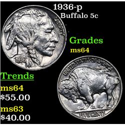 1936-p Buffalo Nickel 5c Grades Choice Unc