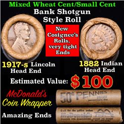 Mixed small cents 1c orig shotgun roll, 1917-s Wheat Cent, 1882 Indian Cent other end, McDonalds Wra