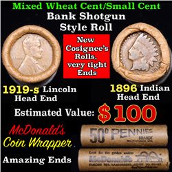 Mixed small cents 1c orig shotgun roll, 1919-s Wheat Cent, 1896 Indian Cent other end, McDonalds Wra