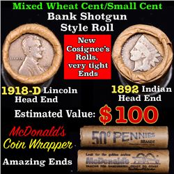 Mixed small cents 1c orig shotgun roll, 1918-d Wheat Cent, 1892 Indian Cent other end, McDonalds Wra