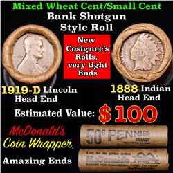 Mixed small cents 1c orig shotgun roll, 1919-d Wheat Cent, 1888 Indian Cent other end, McDonalds Wra