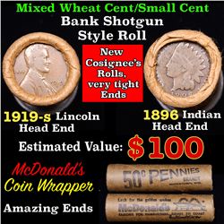Mixed small cents 1c orig shotgun roll, 1919-s Wheat Cent, 1896 Indian Cent other end, Seal Strong W