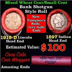 Mixed small cents 1c orig shotgun roll, 1919-d Wheat Cent, 1897 Indian Cent other end, Coca Cola Wra