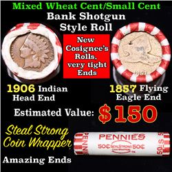Mixed small cents 1c orig shotgun roll, 1857 Flying Eagle cent, 1906 Indian Cent other end, Seal Str